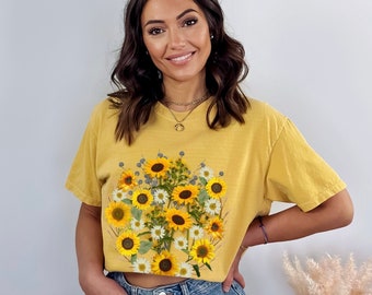T-shirt zonnebloem wilde bloemen - Boho bloemen T-shirt voor natuurliefhebbers, op de natuur geïnspireerde zonnebloem T-shirt, plantenliefhebber cadeau voor haar, boho T-shirt