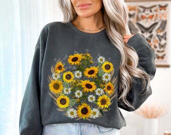 Felpa con girasole - Top floreale accogliente per gli amanti della natura, felpa ispirata alla natura con girasole, regalo per gli amanti delle piante, felpa floreale boho