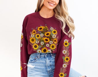 Sunflower Print Sweatshirt with Gorgeous Floral Sleeves - Trendy and Chic, Sunflower Nature Crewneck Sweatshirt, Nature Inspired Sweatshirt