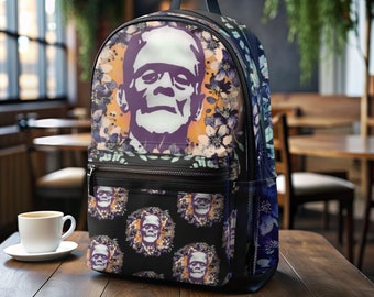 Unique Frankenstein Floral Backpack - Gothic Style Bag for Book Lovers, Classic Horror Movie Backpack, Cute Horror Bag, Frankenstein Bag