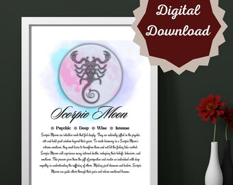 Scorpio Moon Astrology Art, Moon Sign, Scorpio Astrology Prints, Astrology Downloads, Zodiac Room Decor, Occult Prints, Spiritual Wall Art