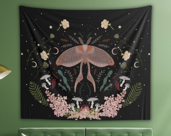 Gobelin ścienny Cottagecore Floral Moth, Ziemisty wiszący na ścianie, Botaniczny gobelin Mushroom Moth, Goblincore Tapestry, Niebiański gobelin