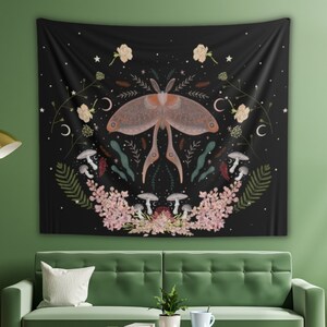 Cottagecore Floral Moth Wall Tapestry, Earthy Wall Hanging, Botanical Mushroom Moth Tapestry, Goblincore Tapestry, Celestial Tapestry
