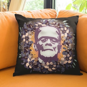 Floral Frankenstein Square Pillow, Cottagecore Meets Horror Frankenstein Pillow For Home And Bedroom Decor, Horror Movie Fan Gifts For Home