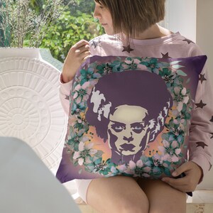 Floral The Bride Of Frankenstein Square Pillow, Cottagecore Meets Horror Bedroom And Home Decor, The Bride Of Frankenstein Throw Pillow