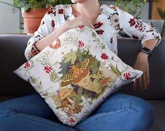 Cottagecore Moth Butterfly Polyester Square Pillow, Rustic Nature Throw Pillow, Art Nouveau Moth Bedroom Decor, Art Nouveau Throw Pillow