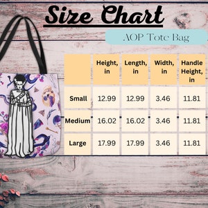 May include: A tote bag with a black handle and a pink and purple print featuring a spooky illustration of a woman with a skull and snakes. The bag is available in three sizes: small (12.99 inches tall), medium (16.02 inches tall), and large (17.99 inches tall).
