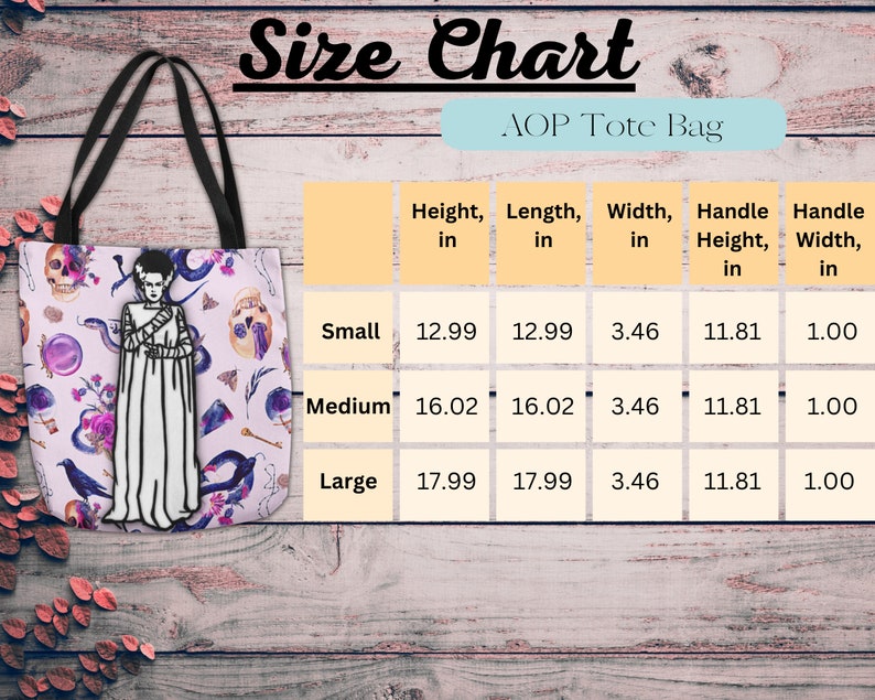 May include: A tote bag with a black handle and a pink and purple print featuring a spooky illustration of a woman with a skull and snakes. The bag is available in three sizes: small (12.99 inches tall), medium (16.02 inches tall), and large (17.99 inches tall).