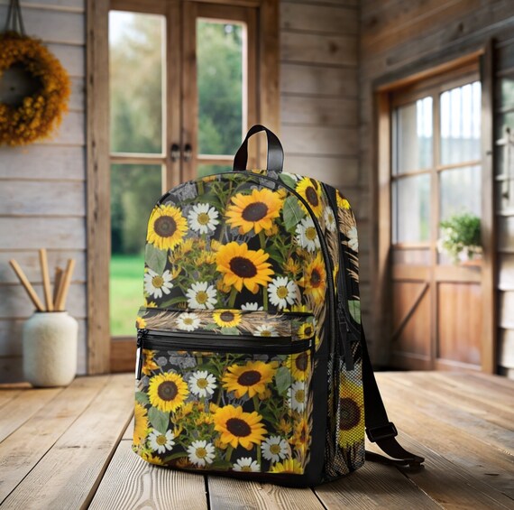 Sunflower Print Backpack for Summer Adventures, Boho Floral  display picture 2