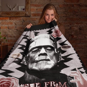 Frankenstein&#39;s Monster Sherpa Blanket, Horror Movie Blanket, Retro Monster Blanket, Horror Movie Gift, Horror Throw Blanket, Gothic Blanket
