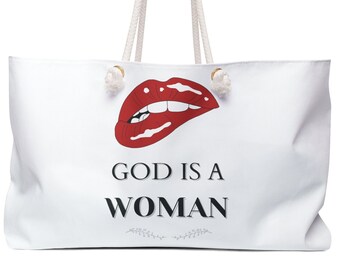 Weekender Bag for Women Gift Birthday Beach Bag Duffle God is a Woman Last Minute Gift For Girl Red Lips Carry on Bridesmaid Canvas Tote bag