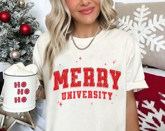 Merry University Christmas Tee, Distressed Christmas Tee, Holiday Tshirt, Tees for Her, Matching Family Tees, Christmas Shirt, Merry Tshirt