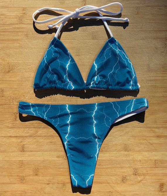 Swimwear Bikini 1 or 2 Piece Set | Blue Lightning | Thong Cheeky Full  Coverage | Triangle String Tie Top Bathing Suit | Thunder Scary Sexy - Etsy