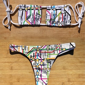 Traje de baño Square Halter Tie Bikini Set / Información Subway / Thong Cheeky Cobertura completa / String Top Traje de baño / directorio mapa nueva york