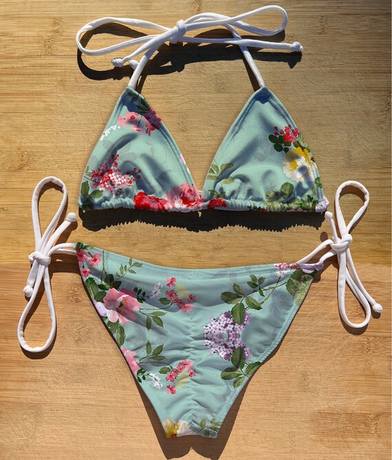 Floral Jacquard Textured Lace Trim Halter Triangle Tie Side Bikini Set Yellow / S Swimsuits Swimwear Bathing Suits - View #9