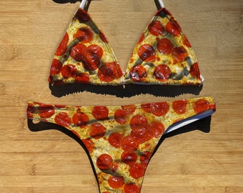 Swimwear Bikini 2 Piece Set | Pepperoni Pizza | Thong Cheeky or Full Coverage | Triangle String Tie Top Bathing Suit | cheese pie  slice