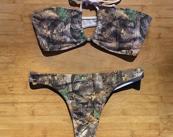 Badkläder Bandeau Halter Tie Bikini Set | Jaktkamouflage | Thong Brazil Heltäckande Bikini | String Top Baddräkt | kamouflage falltree