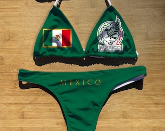 Badmodebikiniset van 1 of 2 delen | Futbol Mexico | String brutale volledige dekking | Triangelbadpak met strikceintuur | Voetbal Voetbal