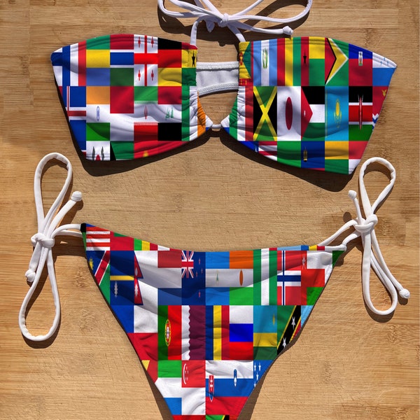 Swimwear Scrunch Butt Tie Side & Bandeau Halter Tie Bikini Set | African Heritage | Thong Brazil Full Coverage | Bathing Suit | World Flag