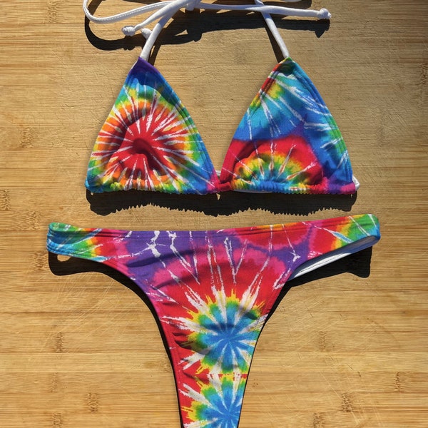 Swimwear Bikini 1 or 2 Piece Set | Tie Dye | Thong Cheeky Full Coverage | Triangle String Tie Top Bathing Suit | groovy hippie trippy tiedye