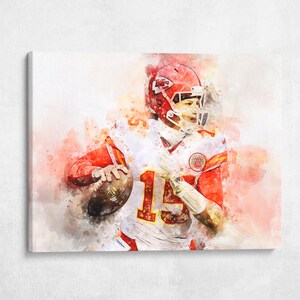 13th Brand Art | Patrick Mahomes Watercolor Splash Art, 1.5 Inch Thick Gallery Canvas Print, Decor, Home Decoration Living Room Dorm Office