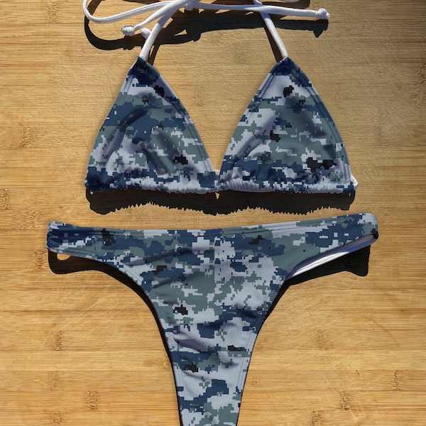 Swimwear Bikini 1 or 2 Piece Set | Navy Camo | Thong Cheeky Full Coverage | Triangle String Tie Top Bathing Suit | camouflage navy seals usa