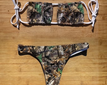 Badkläder Fyrkantigt Halter Tie Bikiniset | Jaktkamouflage | Thong Cheeky Heltäckande Bikini | String Top Baddräkt | kamouflage höstträd