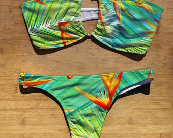 Swimwear Bandeau Halter Tie Bikini Set | Tropical Nature | Thong Brazil Full Coverage | String Top Bathing Suit | palm trees floral pattern