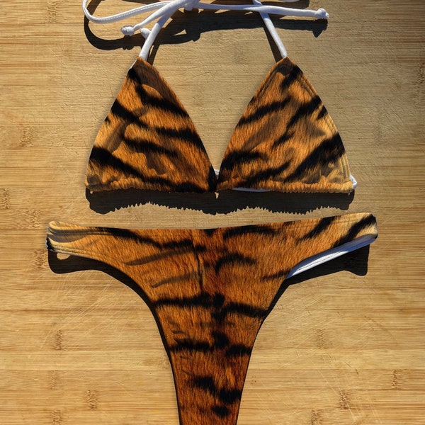Swimwear Bikini 1 or 2 Piece Set | Tiger Print | Thong Cheeky Full Coverage | Triangle String Tie Top Bathing Suit | stripes cat lion feline