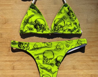 Swimwear Bikini 2 Piece Set | Electric Skulls | Thong Cheeky or Full Coverage | Triangle String Tie Top Bathing Suit | skull green neon