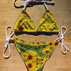 Swimwear Scrunch Butt Tie & Triangle Top Bikini Set | Sunflowers Field | Thong Cheeky Full Coverage | String Bathing Suit | yellow  flower