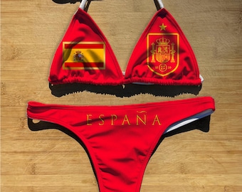 Badmodebikiniset van 1 of 2 delen | Spanje voetbal | String brutale volledige dekking | Triangelbadpak met strikceintuur | Voetbalbeker Spanje