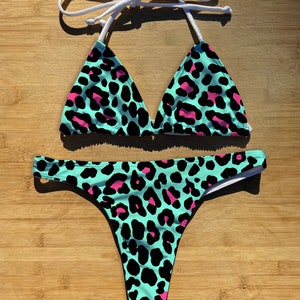 Swimwear Bikini 2 Piece Set | Colorful Cheetah | Thong Cheeky or Full Coverage | Triangle String Tie Top Bathing Suit | animal print safari
