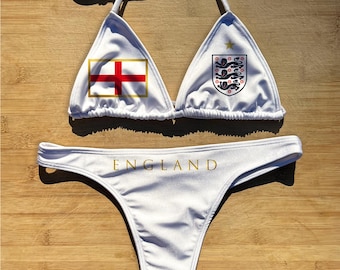 Swimwear Bikini 1 or 2 Piece Set | England Football | Thong Cheeky Full Coverage | Triangle String Tie Top Bathing Suit | Soccer World Cup