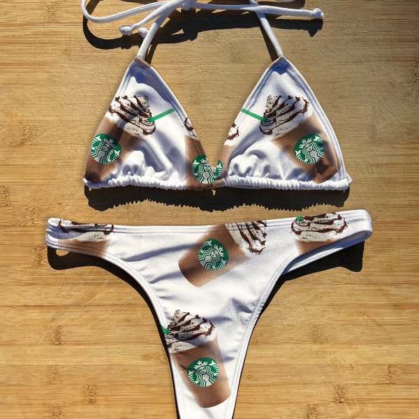 Swimwear Bikini 1 or 2 Piece Set | Starbucks Frap | Thong Cheeky Full Coverage | Triangle String Tie Top Bathing Suit | Frappuccino Coffee