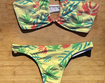 Swimwear Bandeau Halter Tie Bikini Set | Tropical Trees Yellow | Thong Brazil Full Coverage | String Top Bathing Suit | palm tree floral