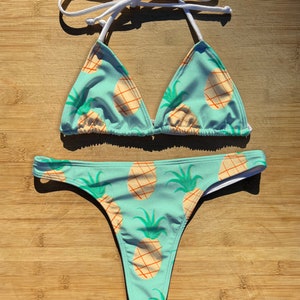 Swimwear Bikini 1 or 2 Piece Set | Pineapples | Thong Cheeky Full Coverage | Triangle String Tie Top Bathing Suit | piña tropical fruits