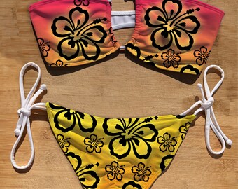 Swimwear Scrunch Butt Tie Side & Bandeau Halter Tie Bikini Set | Hawaiian Hibiscus | Thong Brazil Full Coverage | Bathing Suit | flower tea