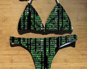 Costume da bagno bikini set 1 o 2 pezzi / modello a matrice / perizoma copertura totale sfacciato / costume da bagno top con stringhe a triangolo / codice binario verde