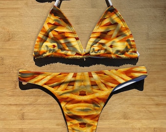 Swimwear Bikini 2 Piece Set | French Fries | Thong Cheeky or Full Coverage | Triangle String Tie Top Bathing Suit | fry crisps chips golden
