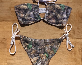 Badkläder Scrunch Butt Tie Side & Bandeau Halter Tie Bikiniset | Jaktkamouflage | Thong Brazil Heltäckande | Baddräkt | kamouflageträd