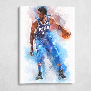 13th Brand Art | Joel Embiid Watercolor Splash Art, 1.5 Inch Thick Gallery Canvas Print, Decor, Home Decoration Living Room Dorm Office