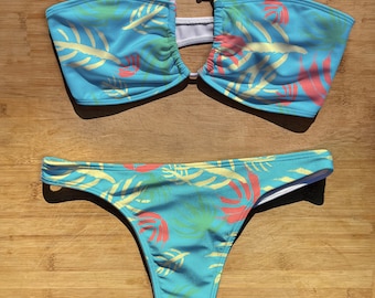 Swimwear Bandeau Halter Tie Bikini Set | Tropical Trees | Thong Brazil Full Coverage | String Top Bathing Suit | palm tree floral pattern