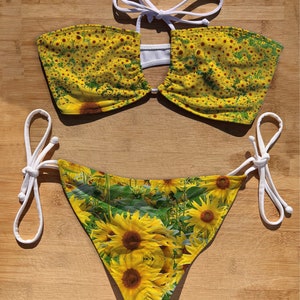 Swimwear Scrunch Butt Tie Side & Bandeau Halter Tie Bikini Set | Sunflowers Field | Thong Brazil Full Coverage | Bathing Suit | yellow