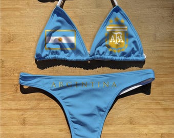 Costume da bagno bikini 1 o 2 pezzi / Argentina Calcio / Perizoma Cheeky Copertura completa / Costume da bagno con top a triangolo con laccetti / Messi Calcio AFA