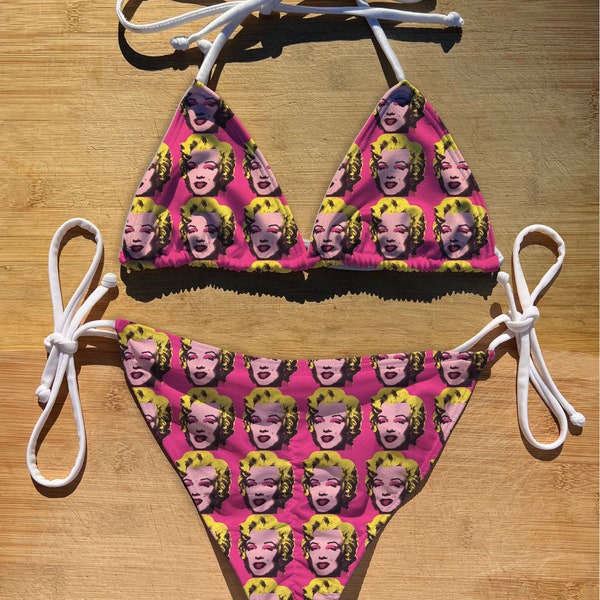 Swimwear Scrunch Butt Tie & Triangle Top Bikini Set | Marilyn Monroe | Thong Cheeky Full Coverage | String Bathing Suit | lips blond icon