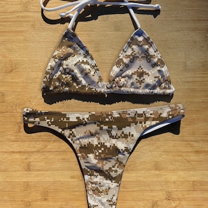 Swimwear Bikini 1 or 2 Piece Set | Desert Camo | Thong Cheeky Full Coverage | Triangle String Tie Top Bathing Suit | camouflage marpat usa
