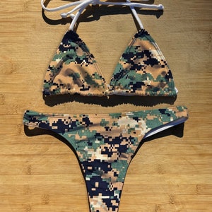 sexy camo bathing suit Swimwear Bandeau Halter Tie Bikini Set | Shadow Grass Blades Camouflage |  Thong Brazil Full Coverage | String Top Bathing Suit | Camo Fall main image 1