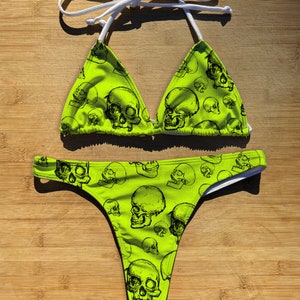 Swimwear Bikini 1 or 2 Piece Set | Electric Skulls | Thong Cheeky Full Coverage | Triangle String Tie Top Bathing Suit | Neon Green Skeleton