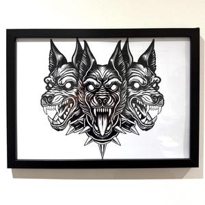 Three-Headed Hellhound Art Print – A4 & A5 Traditional Tattoo Style – Cerberus Gothic Illustration – Bold Dark Wall Art – Unframed Decor